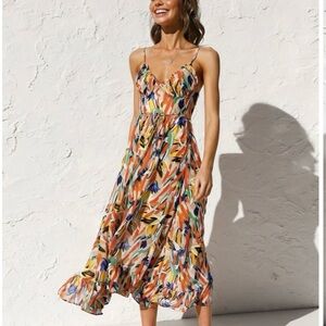 NWT COMMENSE Sold Out Multicolor Tie Waist Ruffle Midi Cami Dress Size XS